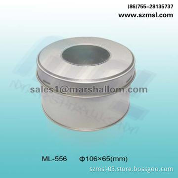 round tea tin box with clear window